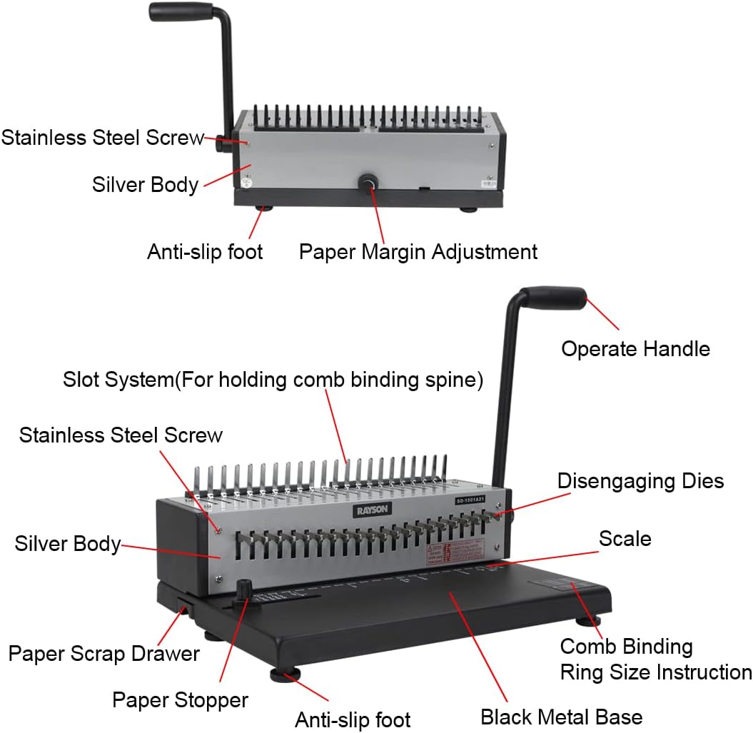 Rayson SD-1501A21 Binding Machine with Combs Set - 21 Hole / 200 Sheets Comb Binder for Punching or Binding