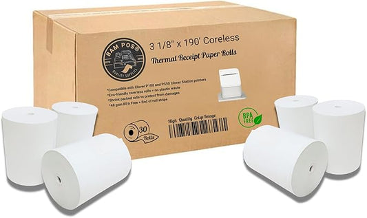 3 1/8 x 190 Thermal Paper Rolls - Large Receipt Roll - Compatible with Clover Stations, P100, P550, SCP700, Square Stations (30 Rolls Per Case)