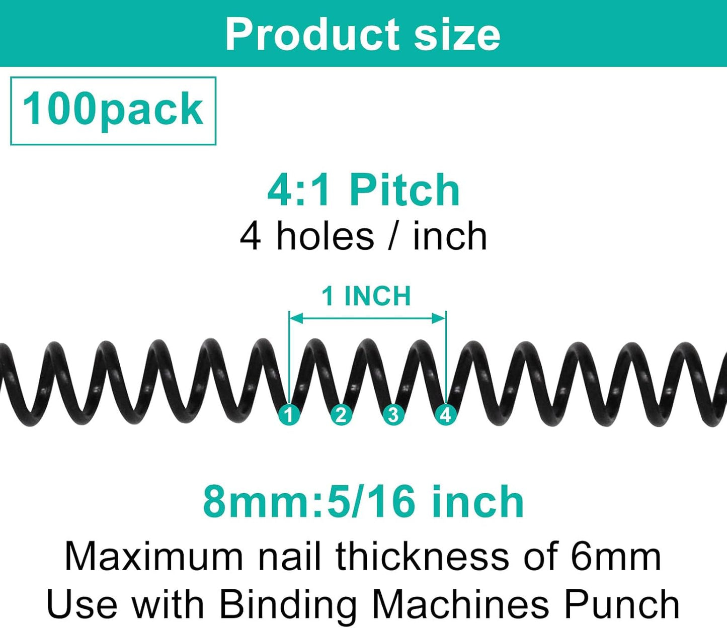 Plastic Spiral Binding Coils 100 Pack, Coil Binding 8mm(5/16") 40 Sheet Capacity, 4:1 Pitch Black Binding Spirals for Students and Coworker