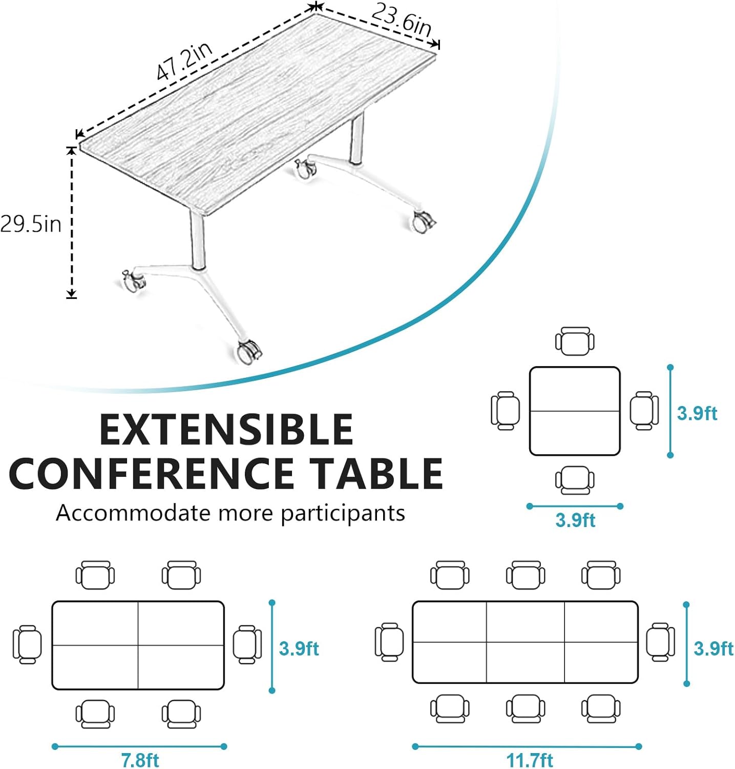Conference Room Table, Folding Conference Tables,Thicken Grey Tabletop,Flip Top Wooden Seminar Meeting Room Table for Conference Room Offices (4, Black Drawer, 47.2“)