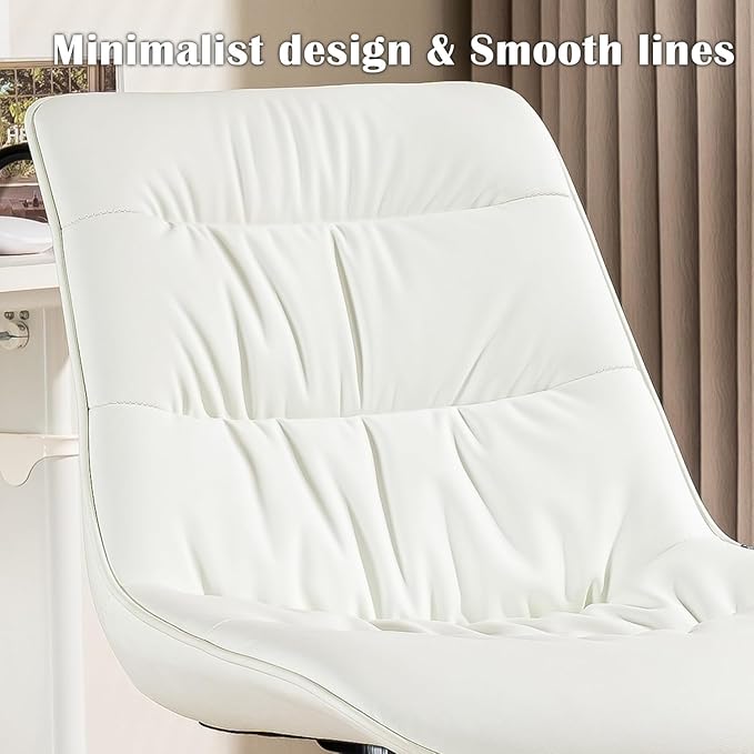 Kidol & Shellder Faux Leather Office Chair, Adjustable Swivel Height Task Chair, Rolling Wheels & Soft Backrest - Armless Ergonomic Desk Chair for Home, Office,Vanity,Gaming（White）