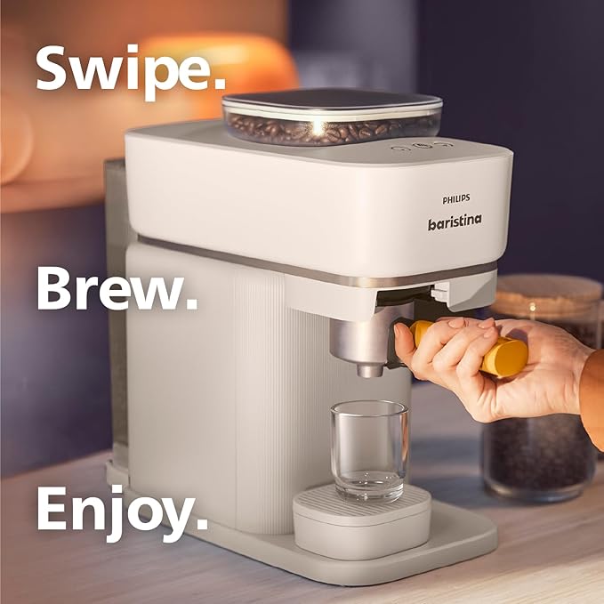 Philips Baristina Espresso Machine+Milk Frother Bundle. Real espresso. Compact coffee machine, portafilter, grinder, Cafe Crema. Dairy & Non-Dairy Milk foam. Hot & Cold. Easy Clean. White (BAR303/00)