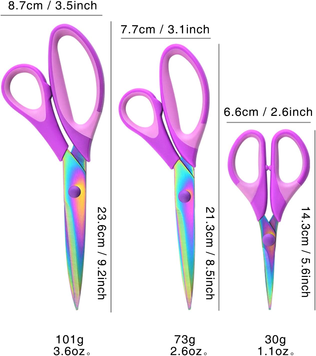 Craft Scissors Set of 3 Pack, All Purpose Sharp Titanium Blades Shears, Comfort Grip Handle, Multipurpose Fabric Scissors Tool Great for Adults, Office, Sewing, School and Home Supplies, Purple