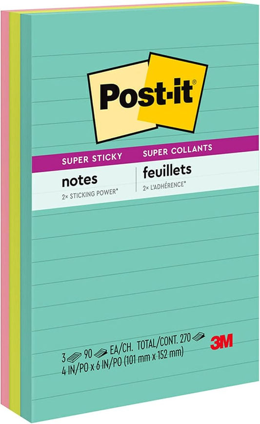 Post-it Super Sticky Lined Notes, 3 Sticky Note Pads, 4 x 6 in., School Supplies for Students, Ideal for Textbooks, Notebooks, Walls and Vertical Surfaces, Supernova Neons Collection