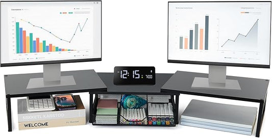 Dual Monitor Stand Riser, Desk Organizer with Drawer, Office Desk Organizers and Accessories, Office Workspace Organization, Computer Monitor Stand for Laptop, Printer (Black)