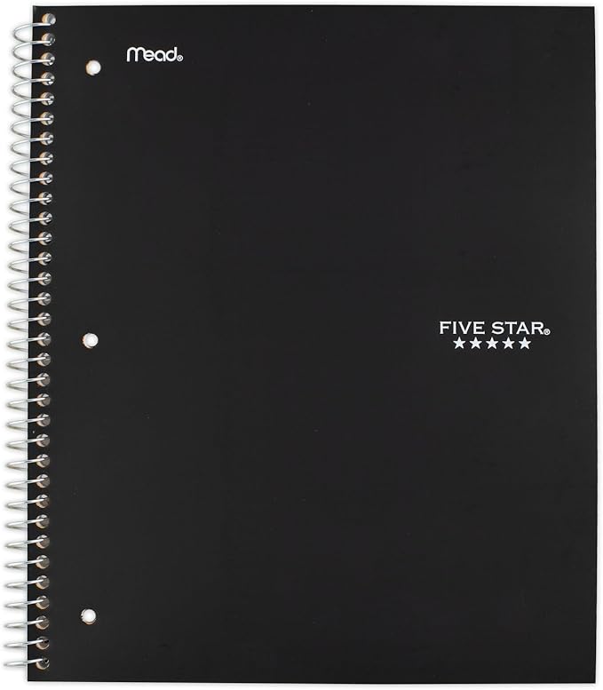 Five Star Spiral Notebook, 1 Subject, Wide Ruled Paper, 10-1/2" x 8", 100 Sheets, Assorted Colors, Color Will Vary, Office Product , 1 Count (05200)