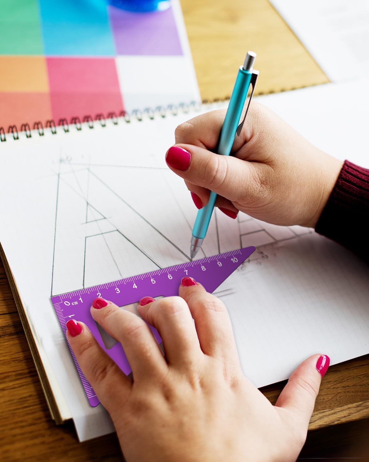 Honagu Triangular Ruler Set, 4+1Pieces Aluminum Alloy Ruler, Metal Drafting Ruler, Geometric Protractor for Students, School Office Supplies (Purple, 20cm)