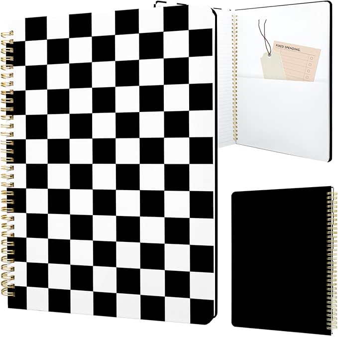 Cute Spiral Notebook journal A4 Aesthetic Pretty Design for Women Girls Kawaii with Pocket, 8.5 x 11 inch, Lined, Black Plaid