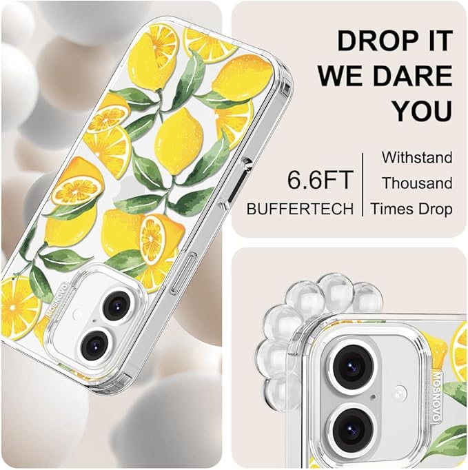MOSNOVO Case for iPhone 16 Plus, [Buffertech 6.6ft Military-Grade Drop Protection] [Anti Peel Off Tech] Clear TPU Bumper Phone Case Cover Design - Lemon