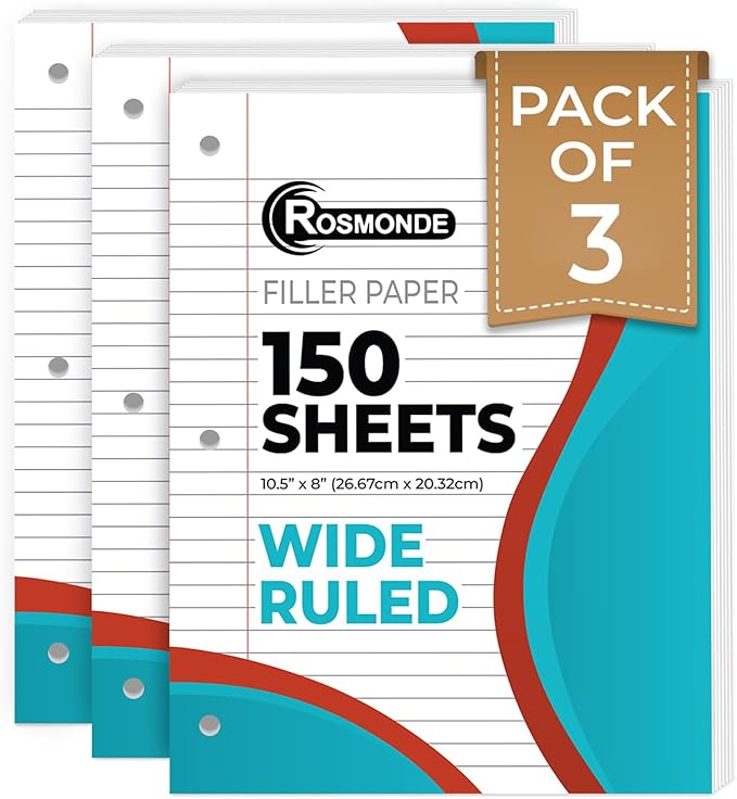 Loose Leaf Paper, 450 Sheets, 3 Pack, 56 gsm Wide Ruled Sheets, 8" x 10.5", Bulk Notebook Paper, 3 Hole Punched, 150 Sheets/Pack, Wide Ruled Paper for Binders, Loose Leaf Office Paper, White
