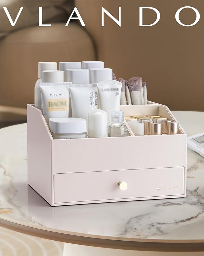 Vlando Makeup Organzier,Vanity Organizer with Drawers, PU Leather Skincare Organizer Perfume Organizer,Large Cosmetic Display Case for Lipstick,Brushes Gifts for Women-Apricot White