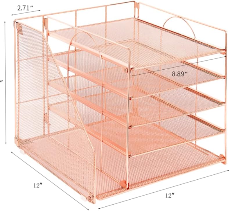 AUPSEN Desk Organizer with File Holder, 5 Trays Paper Letter Tray Organizer, Mesh Desk Organizers and Accessoriesand for Home Office (Rose Gold)