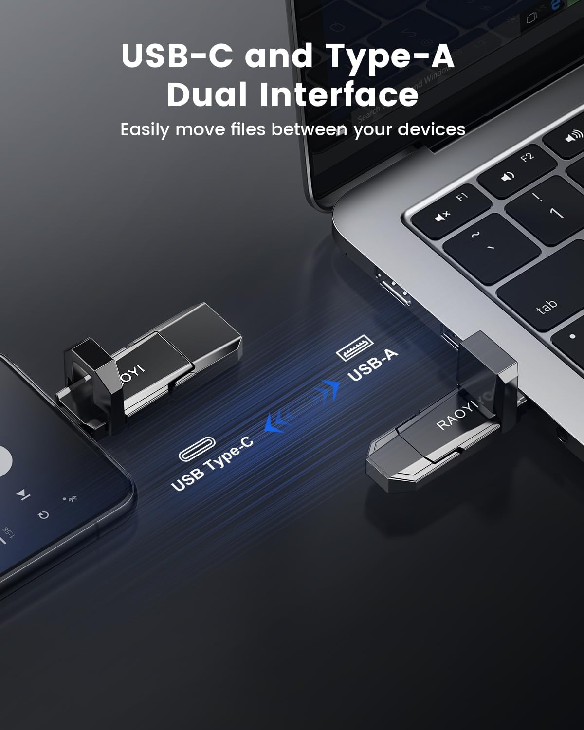 RAOYI 256GB USB C External SSD, 2-in-1 Solid State Drive Up to 450MB/s Dual USB 3.2 + Type-C Thumb Drive Portable SSD Drive for iPhone 15/16, Android, Tablet, PC and PS4