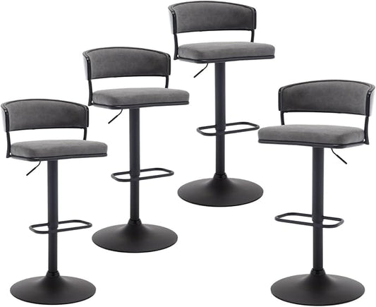 Adjustable Modern Bar Stools Set of 4 Faux Leather Barstools Swivel Counter Height Bar stools with Curved Back/Black Metal Base Comfy Upholstered Bar Chairs for Kitchen Island, Grey