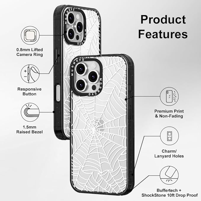 MOSNOVO Case for iPhone 16 Pro Max, [10ft 4X Military-Grade Drop Protection] Durable & Shockproof Phone Case Cover Design for iPhone 16 Pro Max - Spider Web - Clear Black