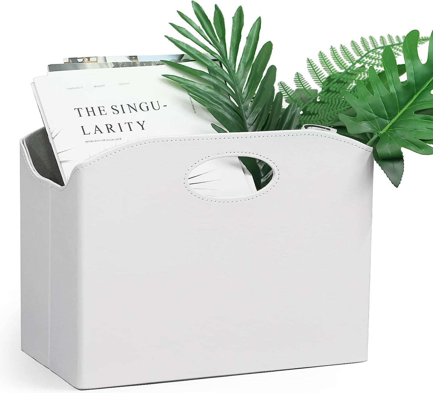 EZDeco Magazine Holder Foldable Magazine Rack Floor PU Leather File Holder Newspaper Book Storage Basket Document File Folder Organizer for Office Home (White-2)