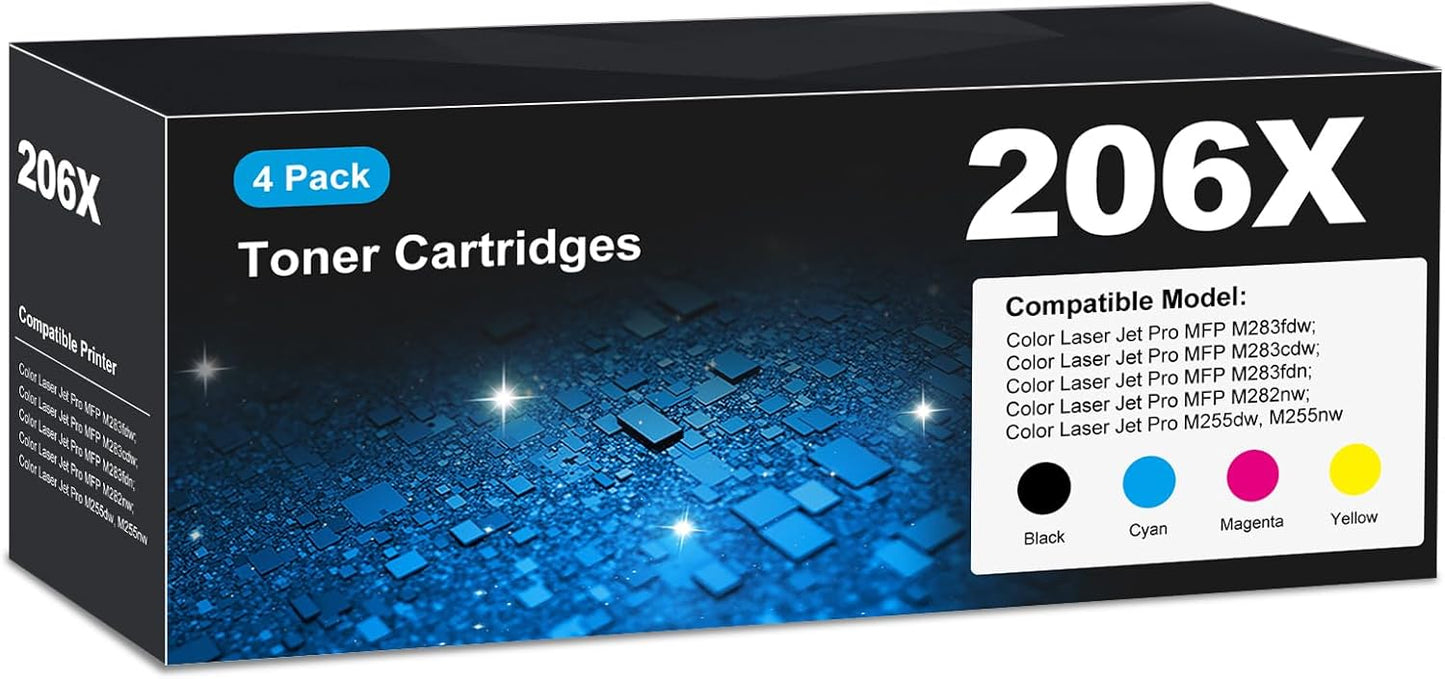206X Toner Cartridges M283fdw M283cdw for HP 206X 206A Toner Cartridges 4 Pack, HP206A HP206X 206 Toner Cartridge Set for Color Laserjet Pro MFP M255dw M283cdw M283fdw M283fdn M282nw M255nw Cartridge