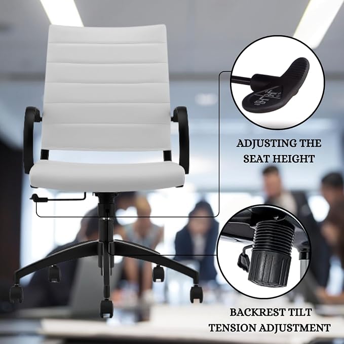Ribbed Mid Back Conference Room Chairs - Lumbar Support, Modern Executive Home Office Chair - White Leather Seat & Black Aluminum Frame