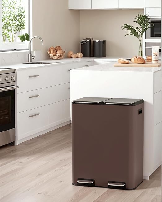 TLSUNNY Kitchen Dual Trash Can, 60L Hands-Free Stainless Steel Garbage Can, Classified Rubbish Bin with Double Compartments, Soft-Close Lid, Inner Bucket, Odor Control (60L) (Brown)