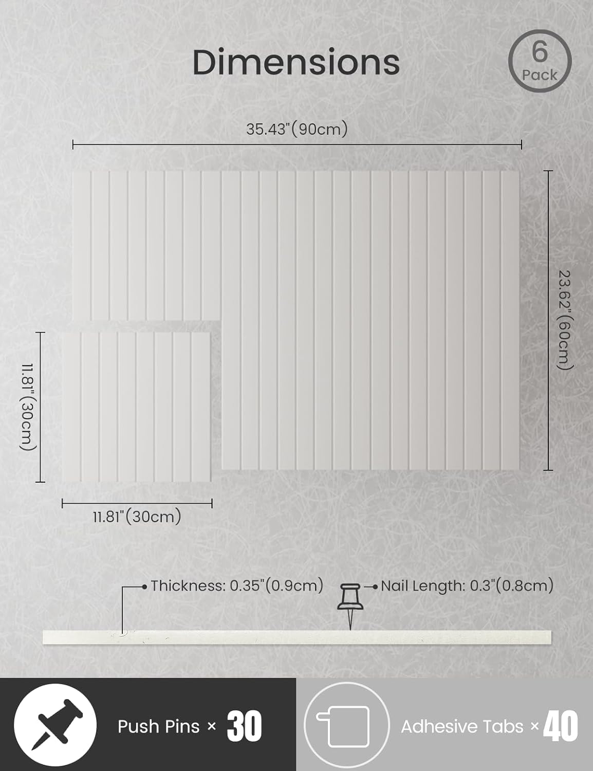 Bumusty Large Cork Board Alternative-36 x24 Felt Bulletin Board Tiles, with 30 Pushpins, 40 Adhesive Tabs, 6-Pack Slat Wall Paneling, Cork Boards for Office Push Pin Board Felt Board-Milky White