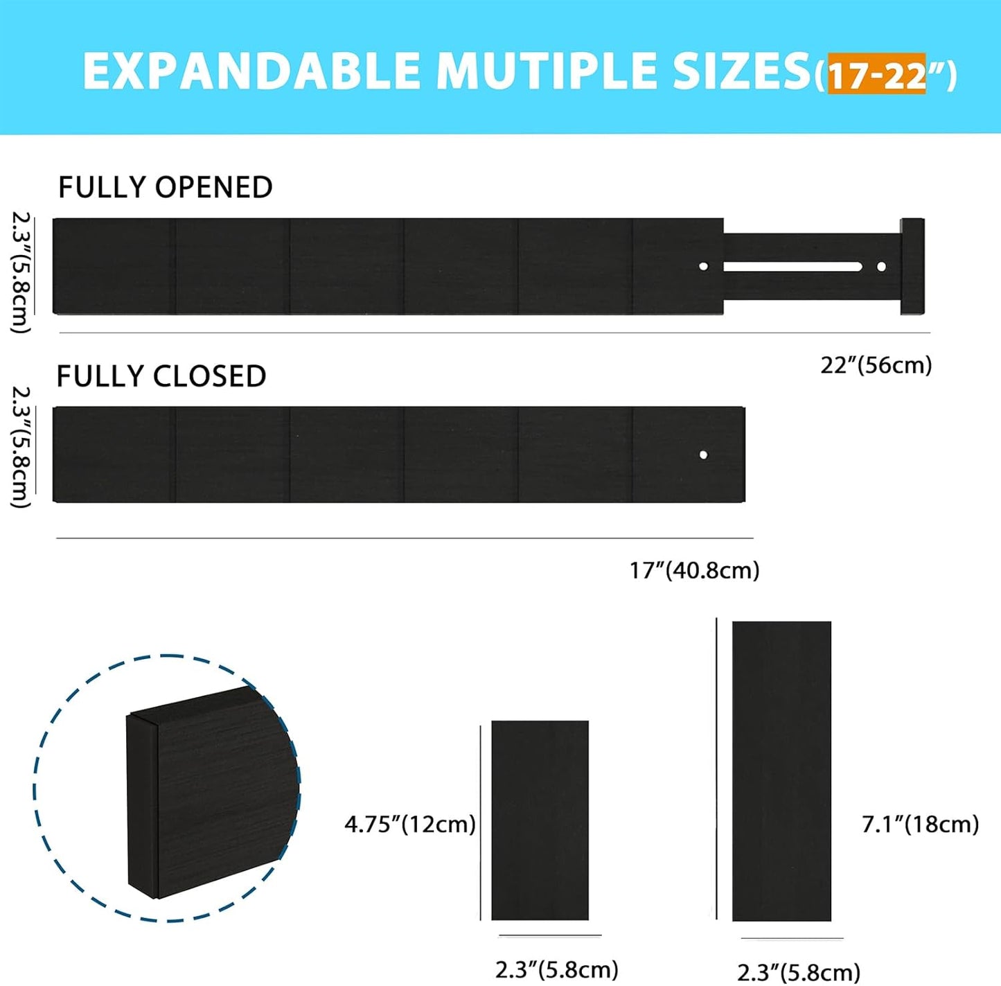 6 Pack Bamboo Drawer Dividers with 12 Inserts, Expandable Adjustable Clothes Drawer Organizers and Storage from 17" to 22" for Kitchen, Bedroom, Dresser, Cosmetics (Black)