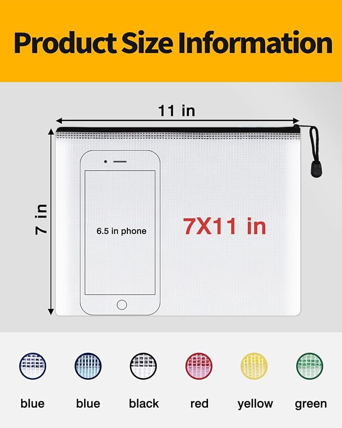 SUNEE Plastic Mesh Zipper Pouch 7x11 in (Black, 18 Packs),Extra Large Water-Resistant Zip Bag for School Office Supplies, Puzzles & Games Organizing Storage