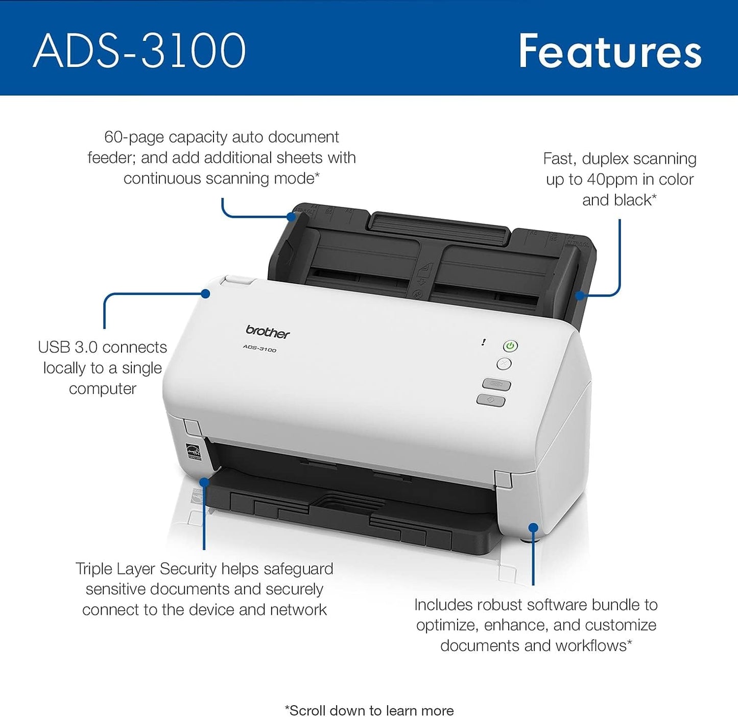 Brother ADS-3100 High-Speed Desktop Scanner | Compact with Scan Speeds of Up to 40ppm, White