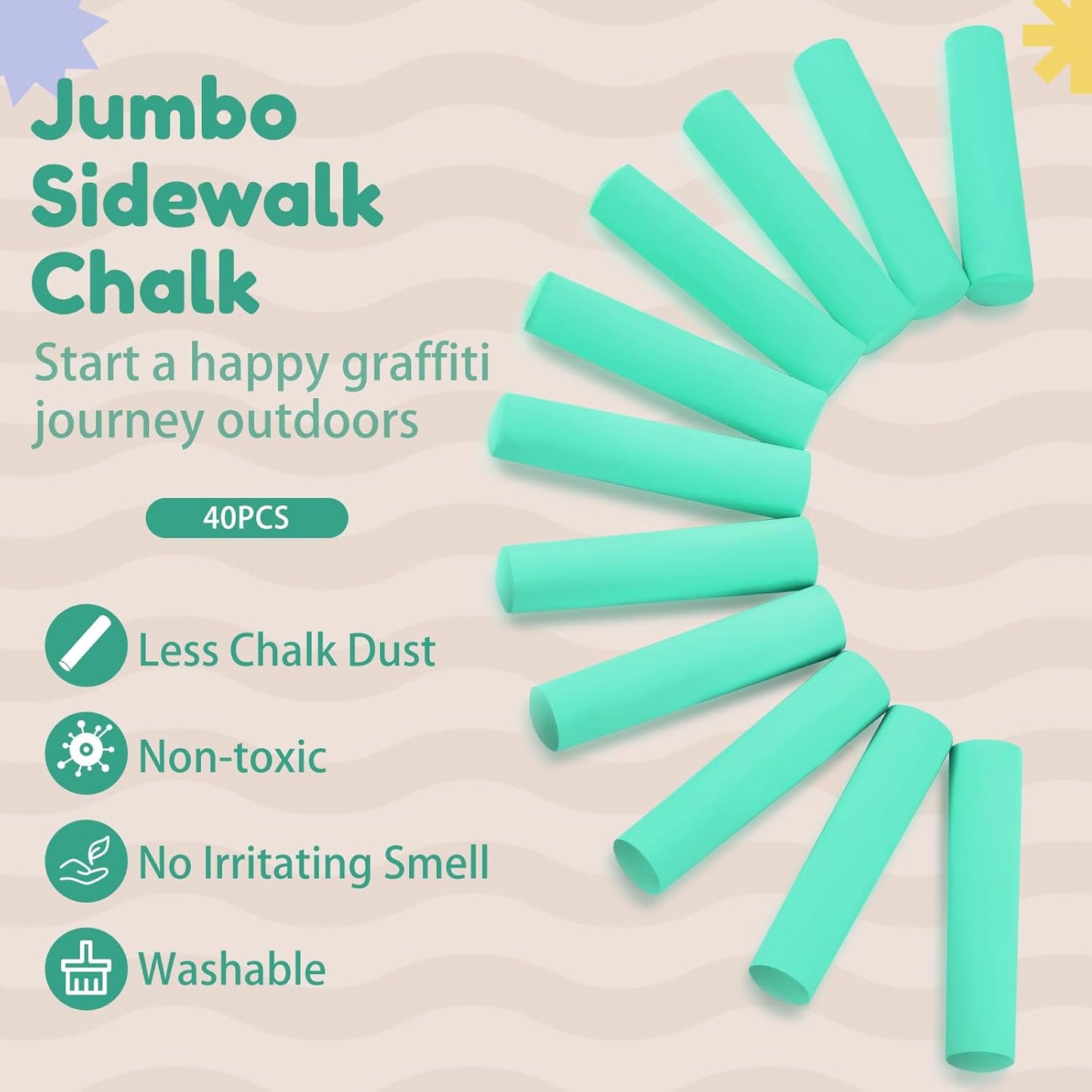 Fulmoon 40 Pcs Jumbo Sidewalk Chalk for Kids Outdoor Art Non Toxic Large Washable Street Chalk for Adults Drawing Painting Classroom(Green,Round Style)