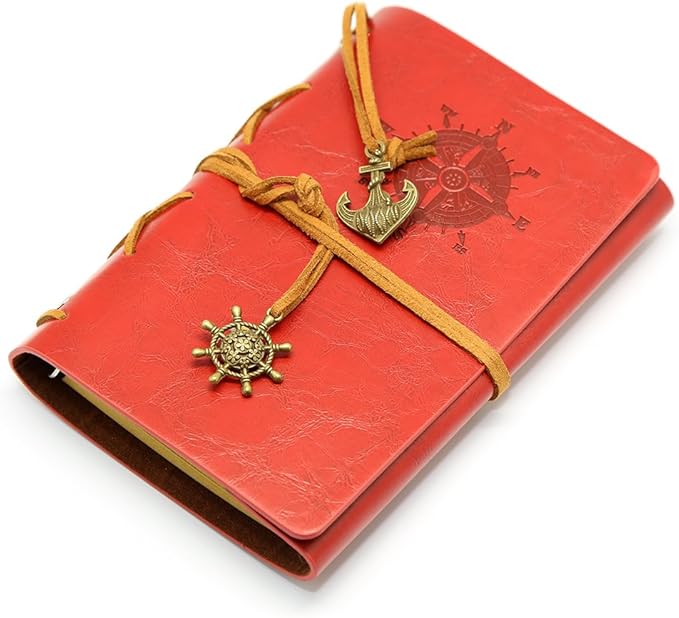 EvZ Leather Writing Journal Notebook, 5 Inches Vintage Nautical Spiral Blank String Diary Notepad Sketchbook Travel to Write in, Unlined Paper, Retro Pendants, Classic Embossed, Red