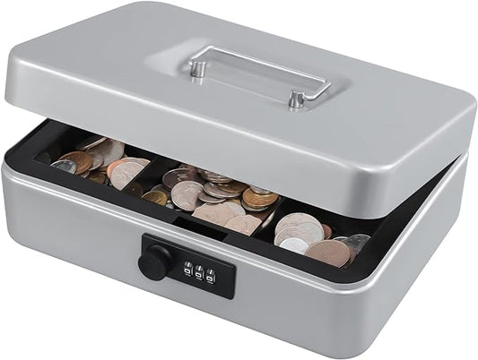 KYODOLED Cash Box with Combination Lock,Safe Metal Box for Money,Storage Lock Box with Money Tray,7.87"x 6.30"x 3.54" Lightgrey Medium