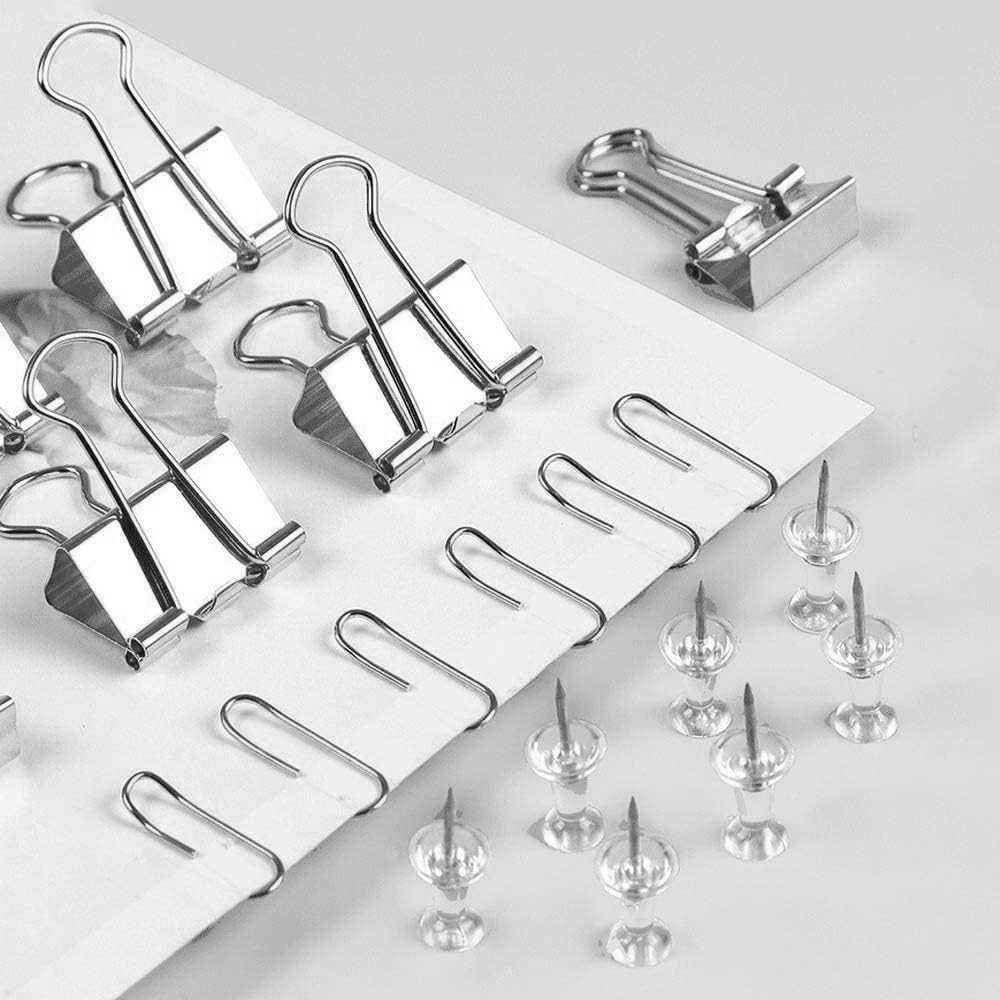 Silver Binder Clips and Paper Clips Push Pins Tacks Sets, Total 72 PCS Assorted Sizes Office Supplies Set for Women, Student, School, Home & Desk Supplies
