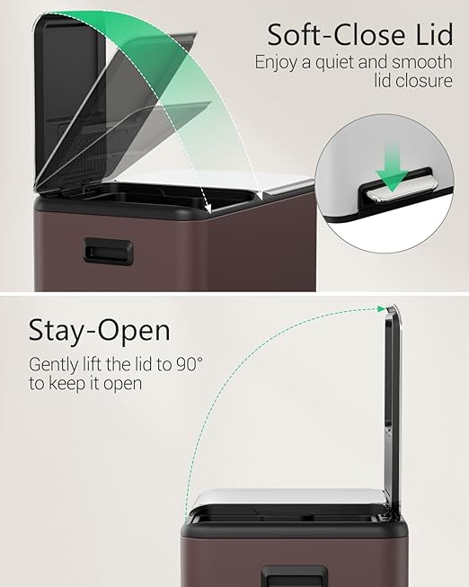 TLSUNNY Kitchen Dual Trash Can, 60L Hands-Free Stainless Steel Garbage Can, Classified Rubbish Bin with Double Compartments, Soft-Close Lid, Inner Bucket, Odor Control (60L) (Brown)