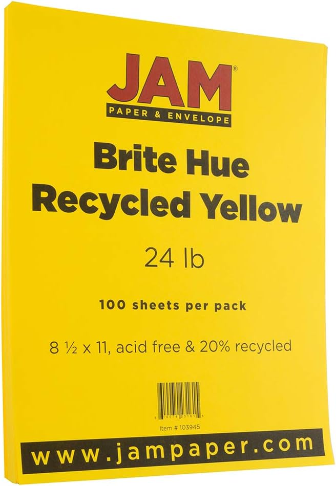 JAM PAPER Colored 24lb Paper - 90 gsm - 8.5 x 11 - Yellow Recycled - 100 Sheets/Pack