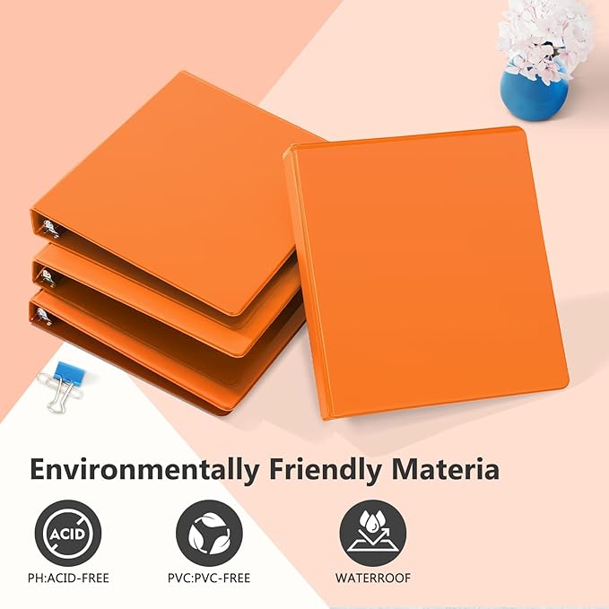 ViVin Sturdy 1 Inch D Ring Binders, 3 Ring Binders with 2 Pockets, Hold 225 Sheets of US Letter Size Paper for Office,Home,School, 6 Pack (Orange)