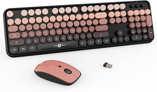 FD Wireless Keyboard and Mouse Combo - 2.4G Full-Sized Cute Colorful Mouse and Keyboard with 104 Round Keys Retro Typewriter Keyboard for Laptop/Windows/PC - Black Gradient