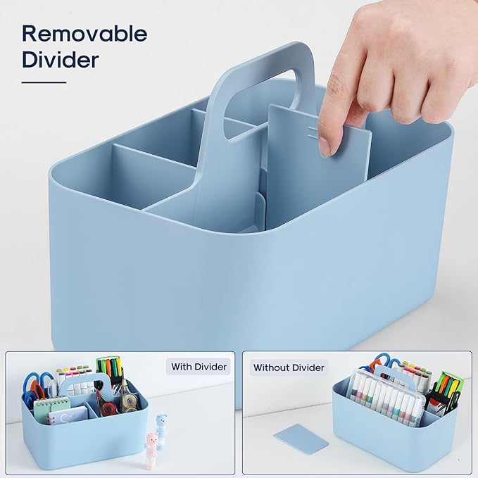 Multiuse Caddy Organizer with Handle - Stackable Plastic Tote Bin - Art Craft Supplies, Office, Desk, Stationery Pen Holder, Kitchen, Utensil, Makeup, Bathroom, Shower, Cleaning, Dorm Organizer - Blue