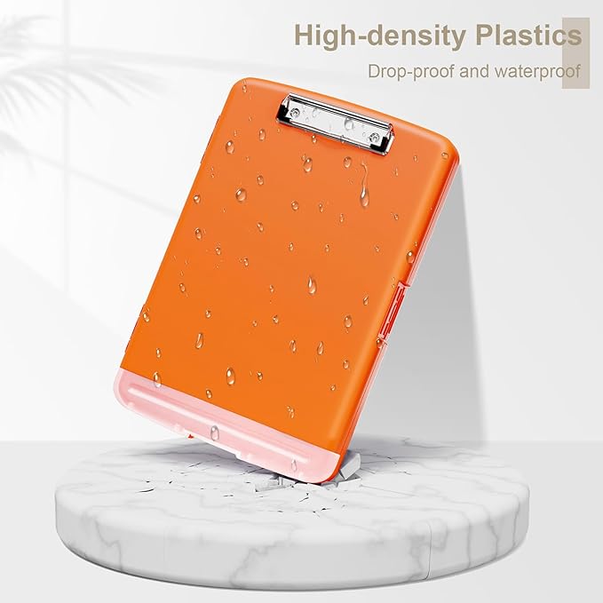 Piasoenc Clipboard with Storage, 8.5 x 11 Organization Box with Pen Holder and A4 Legal Paper Folder, Heavy Duty Plastic, Folio & Side-Opening, Low Profile Clip, for Nurses, Teachers, Orange