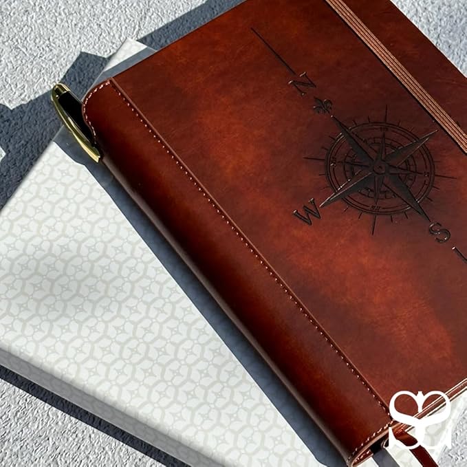 SETTINI® Lined Journal - Compass Journal for Writing Gift Set - Hardcover Vegan Leather, Includes Luxury Pen in a Unique Pen Holder, 192 Pages, 6 x 8.5 inches, Birthday Gifts for Men