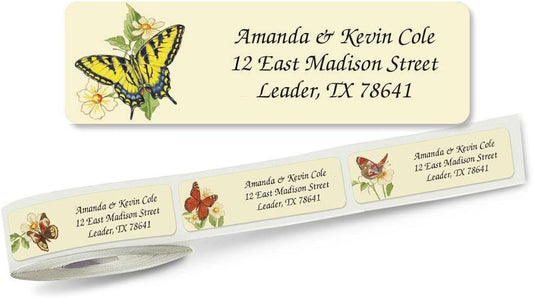 Butterflies Rolled Personalized Return Address Mailing Labels with Dispenser, Set of 500, 5 Designs, Small ¾ x 2½ Inch Size, Custom Self-Adhesive Sticker Roll, by Colorful Images