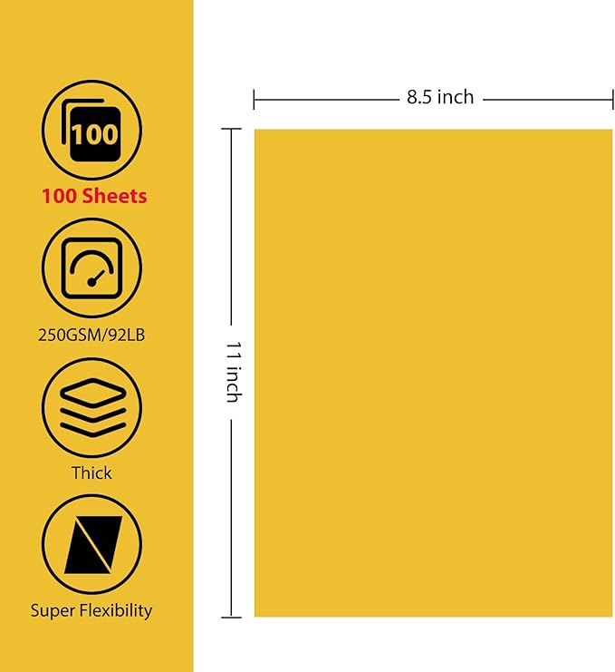 OcePor 100 Sheets Yellow Cardstock Paper, Colored Printer Paper 8.5 x 11, Card Stock Thick Construction for Craft,Scrapbook，Office Printing, Invitations, Certificates，92 lb/250gsm