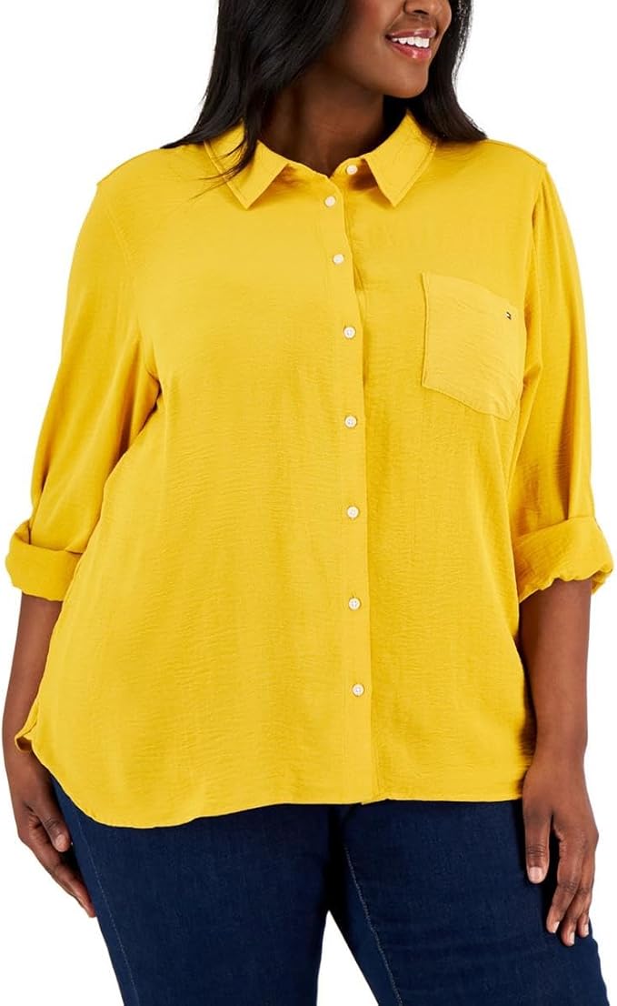 Tommy Hilfiger Women's Long Button Up Collared Shirt with Roll Tab Sleeve