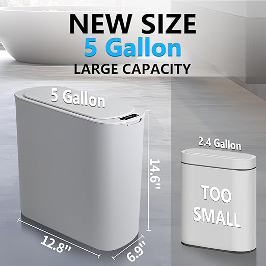5 Gallon Motion Senor Bathroom Trash Can with Lid, Automatic Garbage Can Touchless, Smart Plastic Waste Basket for Narrow Spaces, Bathroom, Office, Bedroom, Living Room (Gray)