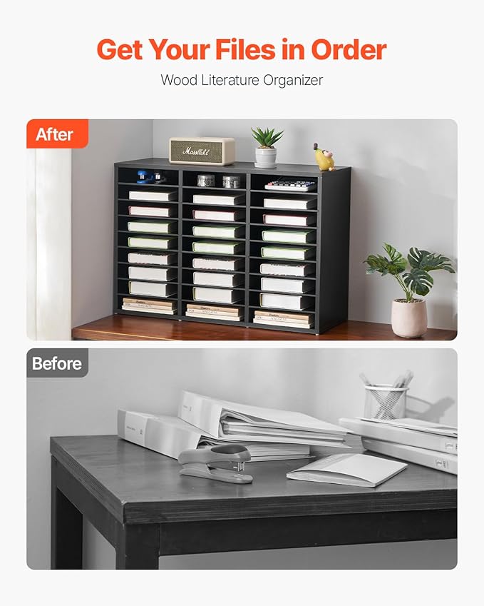 VEVOR Literature Organizer, 27 Compartments Office Mailbox with Removable Shelves, Wooden Mailbox Sorter Particle Board Office Home Classroom Storage, File Sorter for Files, Documents, Papers, Black