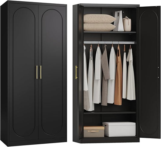 Metal Armoire Wardrobe Closet with Doors and Shelves, 71" Tall Wardrobe Closet with Hanging Rod, Freestanding Clothes Cabinets, Large Wardrobes for Bedroom, Black, Assembly Required