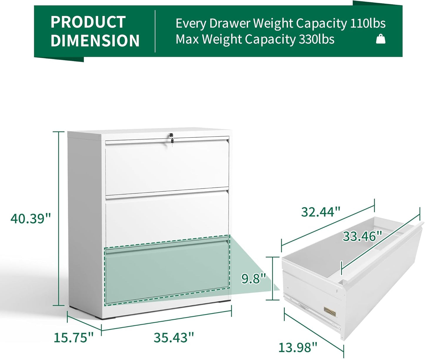 3 Drawer Lateral File Cabinet, Metal Filing Cabinets for Home Office, Steel Storage Wide File Cabinet for Letter/Legal/F4/A4 Size with Hanging Bars, Assembly Required (White)