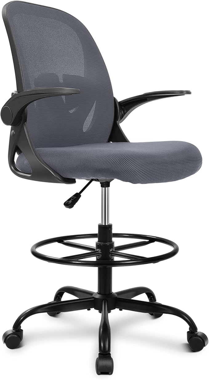 Primy Drafting Chair Tall Office Chair with Flip-up Armrests Executive Ergonomic Computer Standing Desk Chair with Lumbar Support and Adjustable Footrest Ring（Dark Gray）