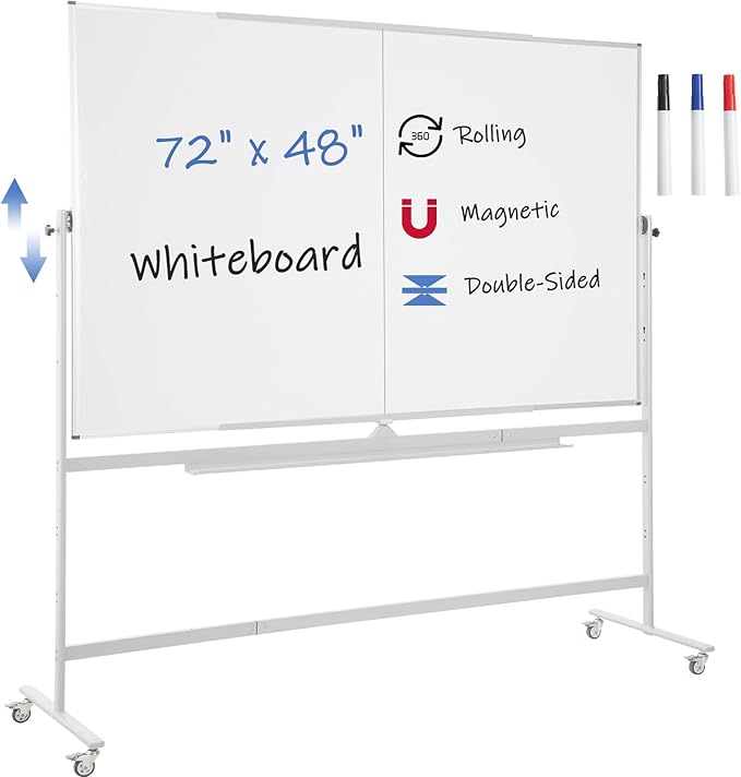 FORTUNO Large Magnetic Mobile Whiteboard 72"x48", Rolling Double Sided Stand Whiteboard on Wheels, Reversible Adjustable Height/Angle Dry Erase Board 6' x 4' Easel White Board for Office Classroom