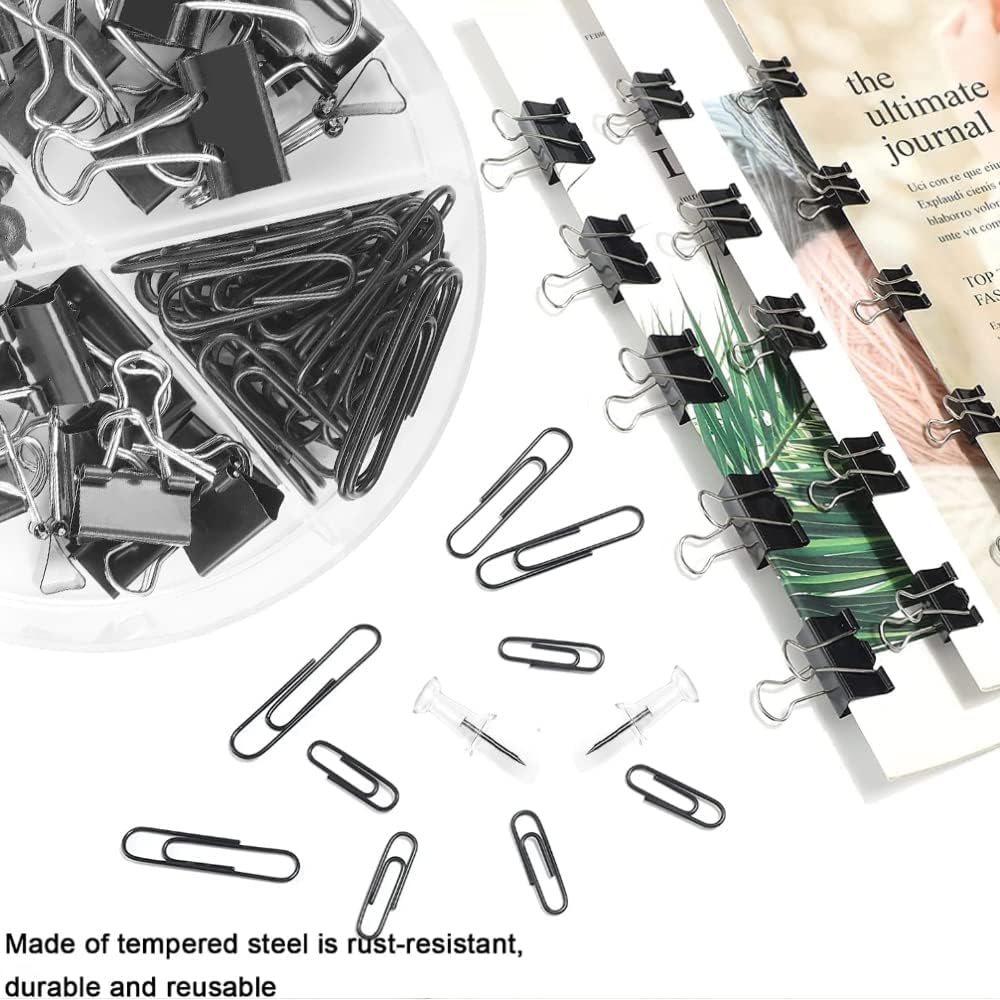 Paper Clips and Binder Clips Set, Metal Assorted Sized Binders with Push Pins, Black Office Supplies for Desk, Durable Desk Accessories