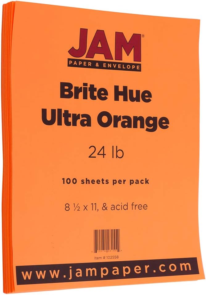 JAM PAPER Colored 24lb Paper - 90 gsm - 8.5 x 11 - Ultra Orange - 100 Sheets/Pack