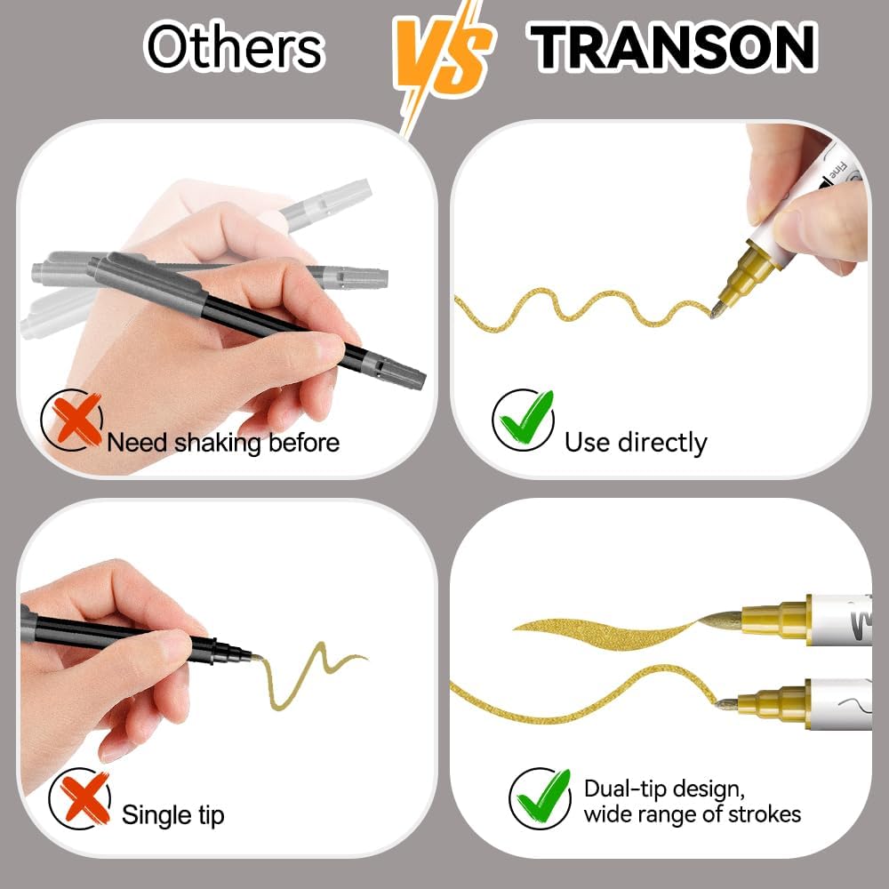 TRANSON 4 Gold and 4 Silver Paint Markers Brush and Fine Dual-tip Acrylic Paint Marker Set for Rock Painting Glass Canvas Wood Leather Ceramic Painting